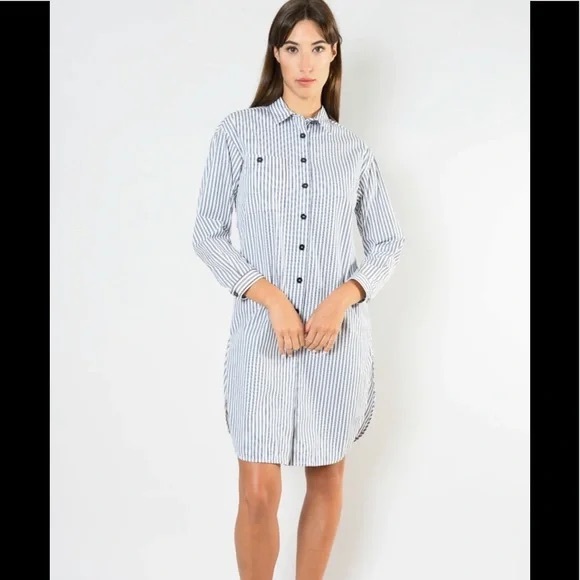 SANDRO WHITE/NAVY STRIPED OPEN BACK SHIRT DRESS Size L - Picture 1 of 11